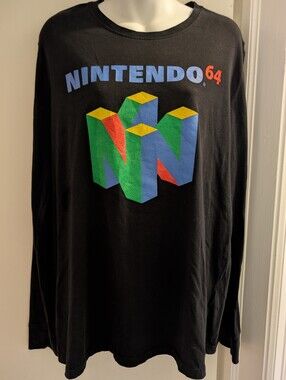 Nintendo Black Long Sleeve N64 Logo Tee with Multicolor Print. Men's Large.
